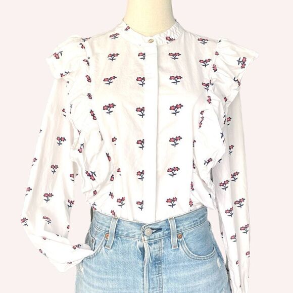 NORR EUC floral blouse with frills in White Size L - Picture 1 of 11